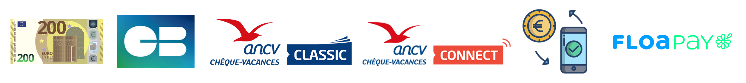 Espèce / Carte bancaire / Chèques Vacances Classic & Connect / Virement bancaire / Floa pay